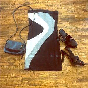 Black and silver strapless dress